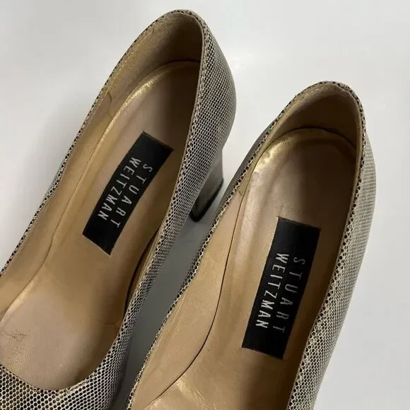 Vintage 90s Stuart Weitzman Snakeskin Reptile Gold Tan Pumps Heels Shimmer 6 6.5 - Picture 8 of 11